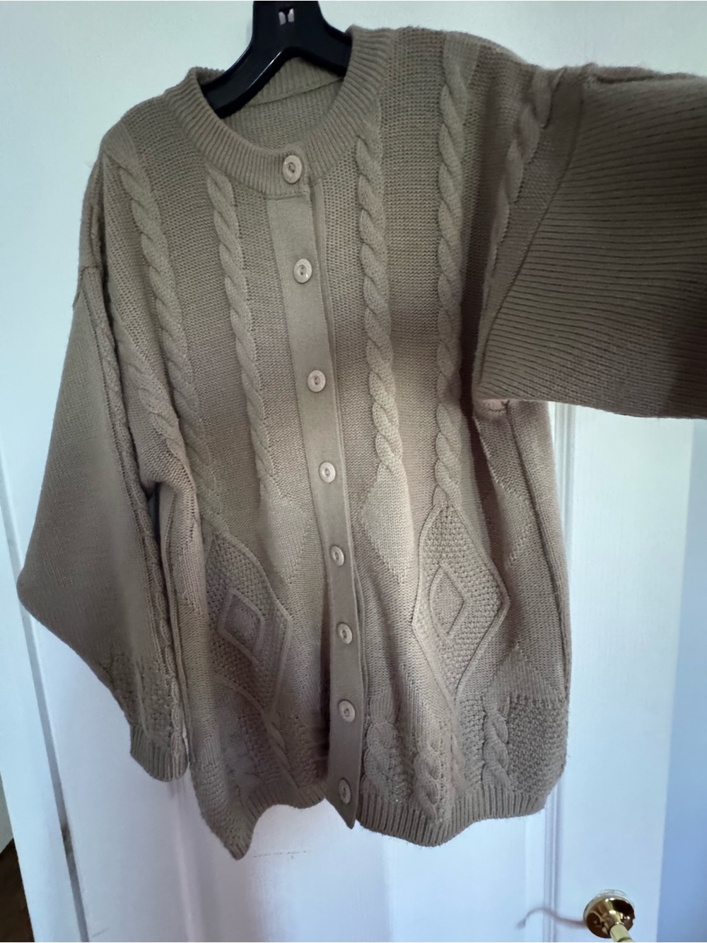 Taupe Cable Knit Button-Up Cardigan. Ptp 23 inches - Picture 7 of 8